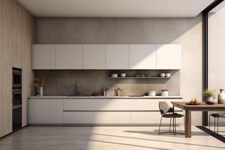 the interior of a modern linear white kitchen with a dining area opening onto a balconyの素材