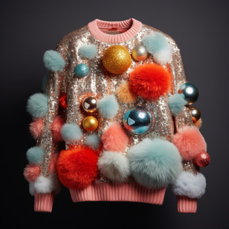 An absurdly ugly Christmas sweater with fluffy pompoms and a scattering of sequins,party outfitの素材