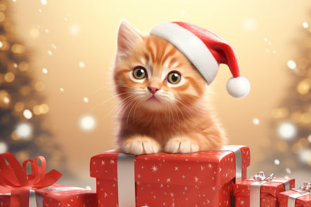 A charming red kitten in a Santa hat sits next to beautifully packaged boxes on a bokeh background,illustration,の素材