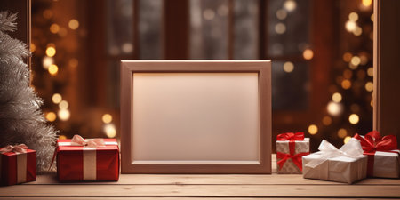 christmas mockup on a bokeh background with an empty wooden frame among wrapped gifts and ballsの素材