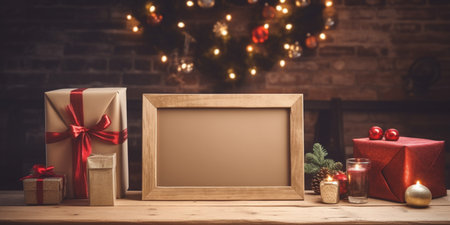 christmas mockup with an empty wooden frame among wrapped gifts and ballsの素材