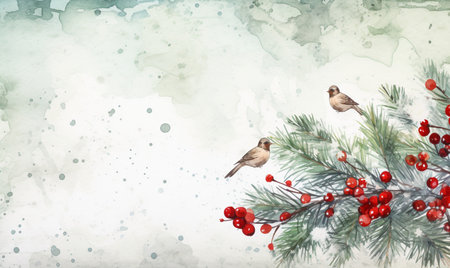 christmas banner with holly branches and birds,watercolor,copy spaceの素材