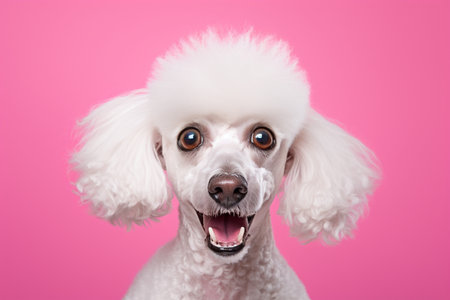 surprised white poodle on a solid pink background,の素材