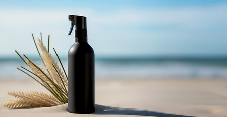 Mock-up image, photo of a black bottle with a spray bottle for cosmetics in a natural locationの素材