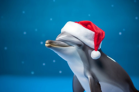 charming dolphin in a Christmas hat on a solid blue background,the concept of an advertising bannerの素材