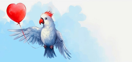 a cheerful parrot cockatoo holds a red heart-shaped balloon on a blue-white background,a banner,copy space,an idea for a greeting card,an invitation,an advertisement,watercolor illustrationの素材