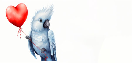 charming parrot cockatoo holding red heart-shaped balloon on white background,banner,copy space,idea for greeting card,invitation,advertisement, watercolor illustrationの素材