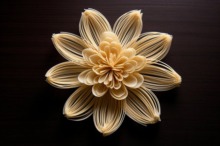 spaghetti laid out in the shape of an unusual flower on a dark background, the concept of creative advertising and menus, creative gastronomy and cookingの素材