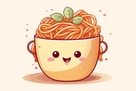 boiled spaghetti lying in a positive cup on a light background,cartoon style,flat illustration,concept of gastronomic and culinary banners,menus and advertisementsの素材