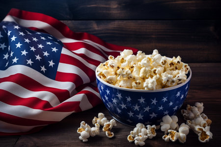 mouth-watering popcorn in a cup on a dark wooden background, with an American flag lying next to it, the concept of an advertising banner for national popcorn Day in Americaの素材