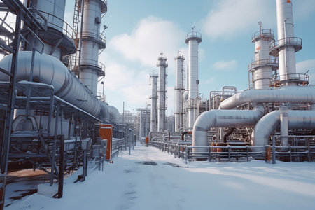 a large oil and gas refining enterprise with a long network of pipes,in winter,the concept of oil and gas refining,economics,energy resources,ecology and sustainable developmentの素材