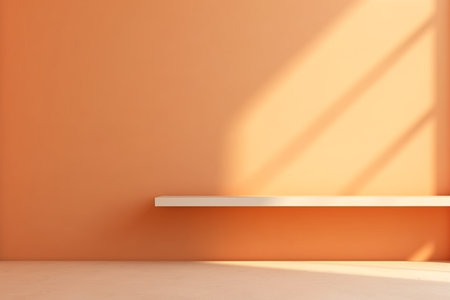 Minimalistic abstract simple orange background, plastered wall with shelf, product presentation design conceptの素材
