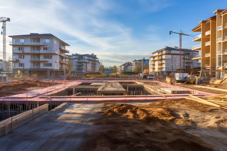 a construction site with a high crane,with a prepared foundation for the construction of a new building,the concept of construction investment,urban development,modern technology and engineeringの素材