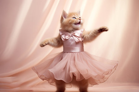 a charming happy kitten in a beautiful beige dress dancing on a beige background,the concept of creative advertising with animals,ideas for banners and postcardsの素材