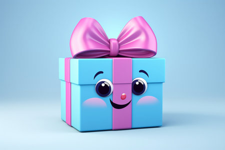 charming smiling blue gift box with a beautiful purple bow on a blue background, cartoon style, creative design concept for greeting cards and advertisingの素材
