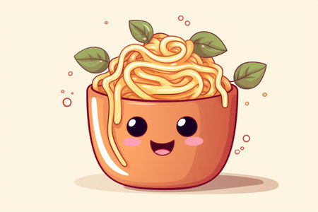 boiled spaghetti lying in a positive cup,cartoon style,flat illustration,concept of gastronomic and culinary banners,menus and advertisementsの素材