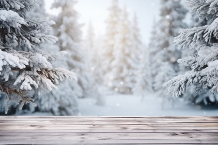 an empty old wooden table top against the background of a defocused coniferous forest covered with snow,framed by spruce twigs, during a snowfall,product presentation design concept, layoutの素材