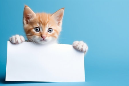 a charming red kitten holds in its paws a white sheet of paper with a place for text,on a plain blue background,a mockup for an advertising banner,a creative advertising conceptの素材