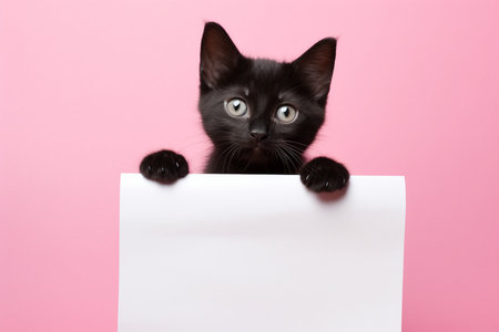 a charming black kitten holds in its paws a white sheet of paper with a place for text,on a monochrome pink background,a mockup for an advertising banner,a creative advertising conceptの素材
