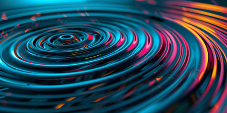 creative modern abstract background consisting of neon lines on a dark background, simulating radial movement, with 3D illustration elementsの素材