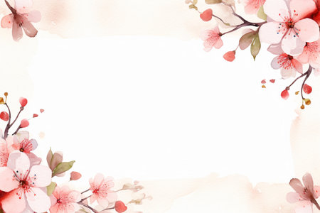 beautiful branches of cherry blossoms located in the corners, on a light background, with a place for text, watercolor illustration, spring banner, design concept of spring marketing materialsの素材