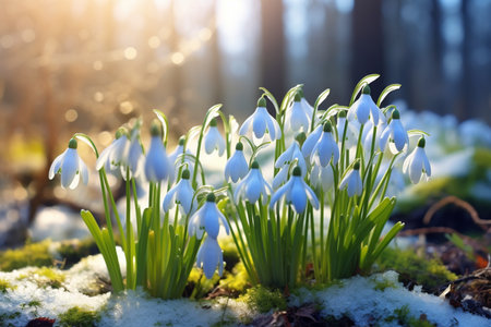blue snowdrops blooming among the remnants of snow, against the background of awakening nature, the concept of spring materials, renewal and awakeningの素材