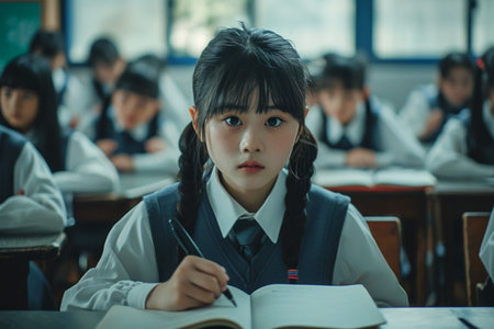 girl ,Asian appearance,an elementary school student,sits at desk,writes in notebook against background of classmates,concept of school life,desire for learning,educational materials,projects,researchの素材
