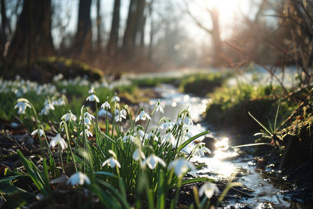 delicate snowdrops blooming against the background of a forest spring landscape with a stream , the concept of spring materials, renewal and awakeningの素材