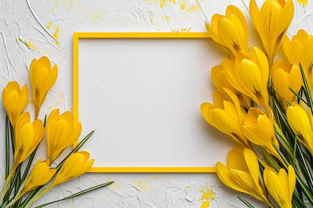 touching yellow crocuses lie on a light background on top of a yellow frame, in the center there is a place for text, the concept of spring design and greeting cardsの素材