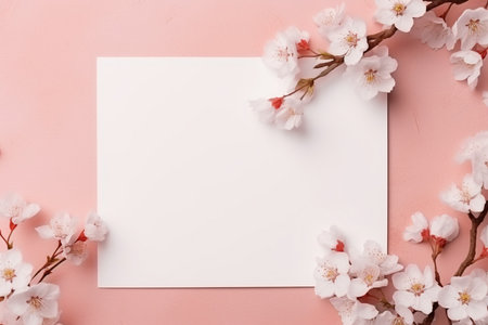 spring banner,a white sheet of paper with place for text with twigs of blooming white cherry lying in the corners,on a peach background,a spring banner,a design concept for spring marketing materialsの素材
