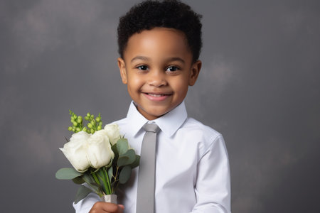 portrait,cute little black boy in a white shirt and gray tie holds a bouquet of light flowers and smiles sweetly,International Women's Day,Mother's Day and other holidaysの素材