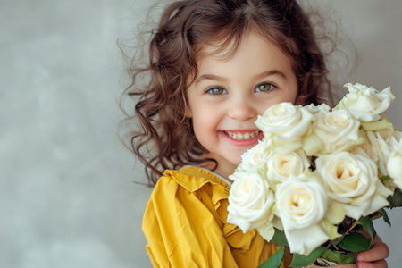 pretty little girl with dark curly hair, on light background, holds bouquet of white roses in her hand and smiles, concept of congratulations on international women's Day and mother's Day, advertising,の素材