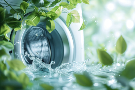 eco-friendly washing machine, surrounded by green leaves and clean water, concept of environmentally friendly washing, preserving ecology and climate, improving planet, using natural biological productsの素材