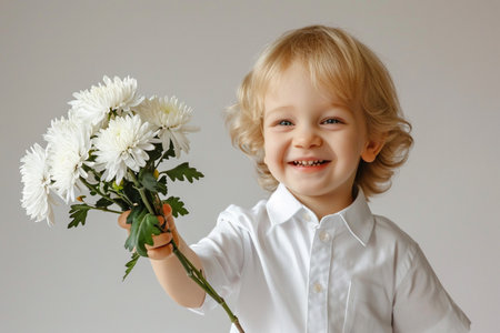 portrait,charming little boy with curly blond hair in white shirt holds out branch of white chrysanthemums on gray background and smiles sweetly,International Women's Day,Mother's Day,other holidaysの素材