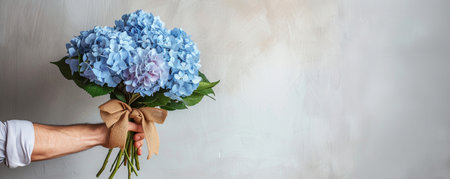banner,a man's hand in a white shirt holds a stylish bouquet of blue hydrangeas with a beige bow, on a light gray background,a place for text on the right,a design concept for festive materialsの素材