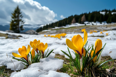 yellow delicate crocuses,against background of spring forest landscape,make their way through snow,delight eye with bright colors,concept of spring renewal,beginning of something new,spring designの素材