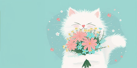 A charming white kitten holds a bouquet of flowers on a turquoise background,a place for text,a flat illustration, a concept for advertising pet products, greeting cards and festive designの素材