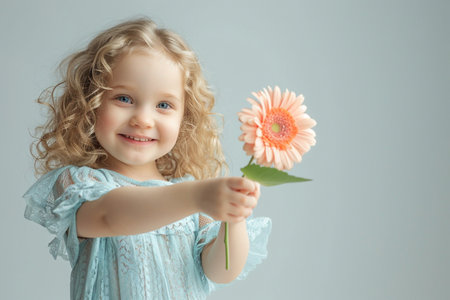 charming little girl with curly hair, in blue dress, on light background holds pink gerbera in her hand, smiles sweetly, concept of congratulations on international women's Day, mother's Day, advertisingの素材