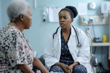 a black female doctor sitting in a ward and conducting a consultation for an elderly patient, the concept of quality patient care, medical care for elderly patientsの素材