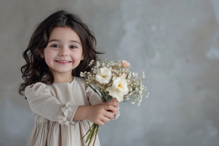 a pretty little girl with dark curly hair, on a light background, holds a small bouquet in her hand and smiles, the concept of congratulations on international women's Day and mother's Day, advertising,の素材