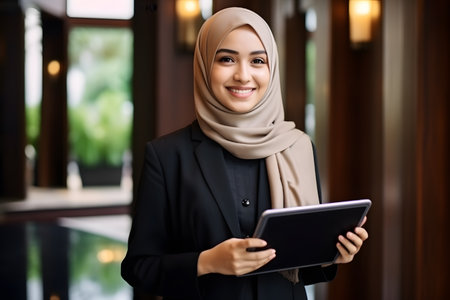 businesslike beautiful Muslim young woman in hijab,holding planets and smiling,anti-discrimination concept,success and independence of Muslim women,cultural diversityの素材