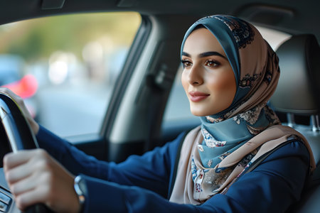portrait of a beautiful Muslim young woman in hijab,driving a car,anti-discrimination concept,success and independence of Muslim women,cultural diversityの素材