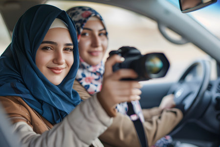 two young Muslim women in hijabs travel by car and take photos, the concept of combating discrimination, the success and independence of Muslim women, cultural diversityの素材
