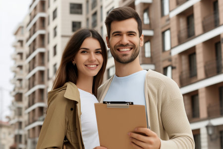 young couple smiles,holds folder with documents against background of modern apartment building,concept of real estate investment,housing mortgage,purchase and construction of housing,mortgage loanの素材