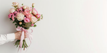 banner,a man's hand in a white shirt holds a stylish bouquet of pink and white flowers with a pink ribbon,on light gray background,a place for text on the right,a design concept for festive materialsの素材