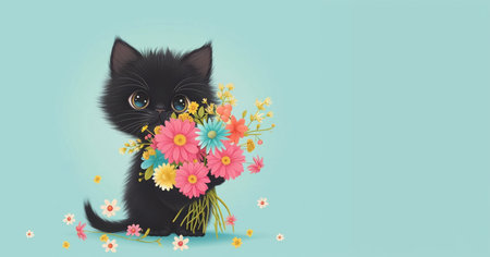 A cute black kitten holds a bouquet of flowers on a blue background,a place for text, a flat illustration, a concept for advertising pet products, greeting cards and festive decorationの素材