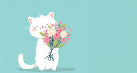 A charming white fluffy kitten holds a bouquet of flowers on a blue background,a place for text,a flat illustration, a concept for advertising pet products, greeting cards and festive designの素材