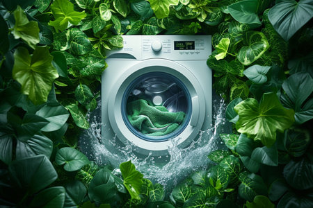 washing machine, washing in eco-mode, surrounded by green leaves, the concept of environmentally friendly washing, preserving ecology and climate, improving the planet, using natural biological meansの素材