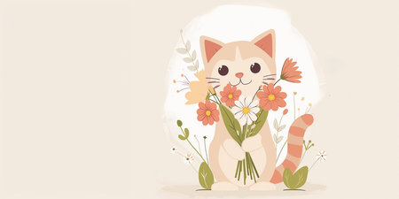 A charming red kitten holds a bouquet of flowers on a beige background,a place for text,a flat illustration, a concept for advertising pet products, greeting cards and festive designの素材