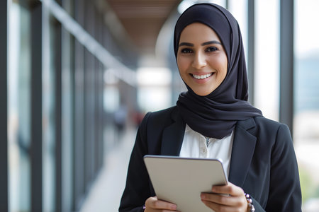 businesslike beautiful Muslim young woman in hijab, standing in the office, holding tablet and smiling, concept of combating discrimination, success and independence of Muslim women, cultural diversityの素材